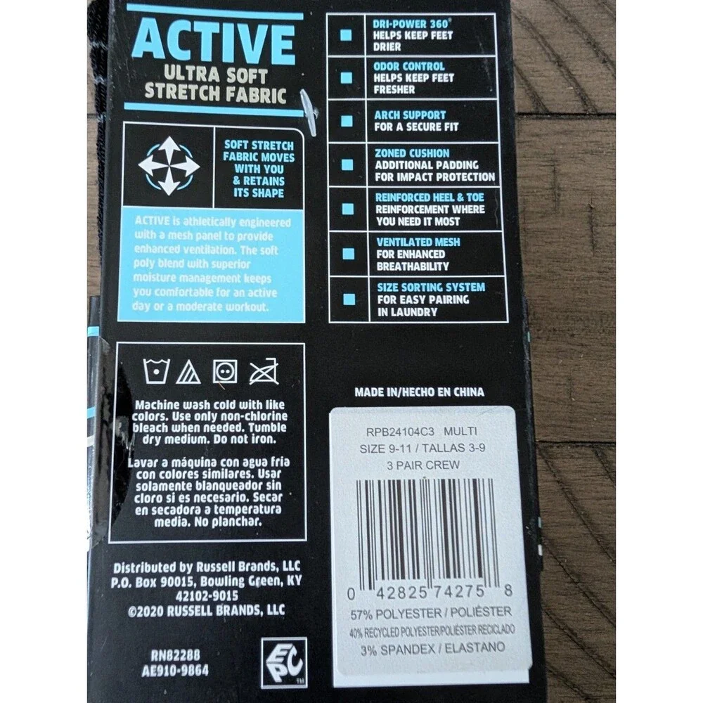2X Russell Performance Active Boy Crew Socks Set Of 3 Pairs Boy’s Size 3-9 New